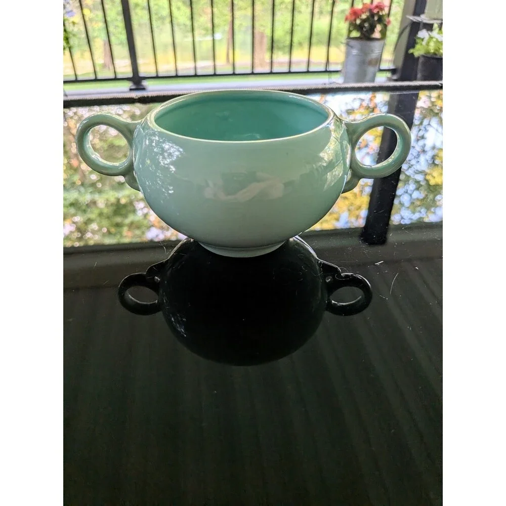Mid Century Modern Vintage Mist Green Aqua Pottery Sugar Bowl Detailed Handles